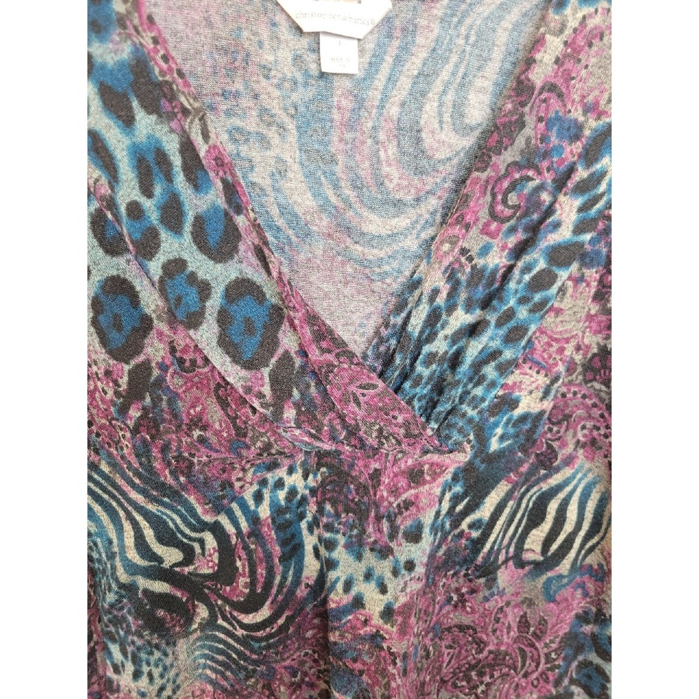 Christopher & Banks Top Animal Print Paisley Faux Wrap V-Neck Purple Teal Large - Picture 10 of 12